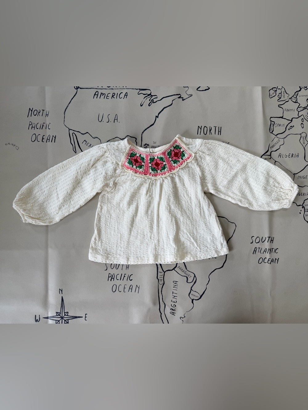 Zara White Long-Sleeve Top with Pink & Green Crochet Neckline
